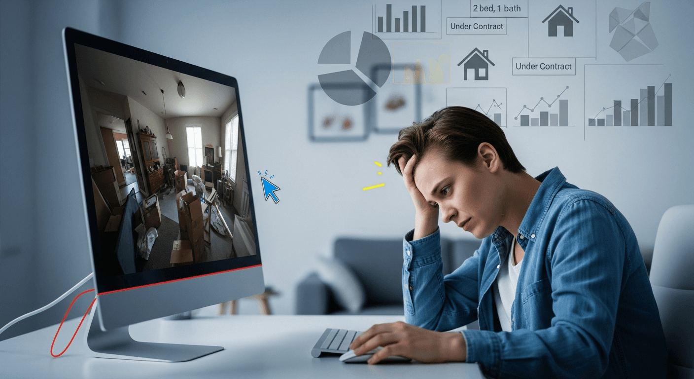 مشترٍ محبط يغادر جولة افتراضية 360 درجة سيئة الإضاءة على جهاز كمبيوتر محمول