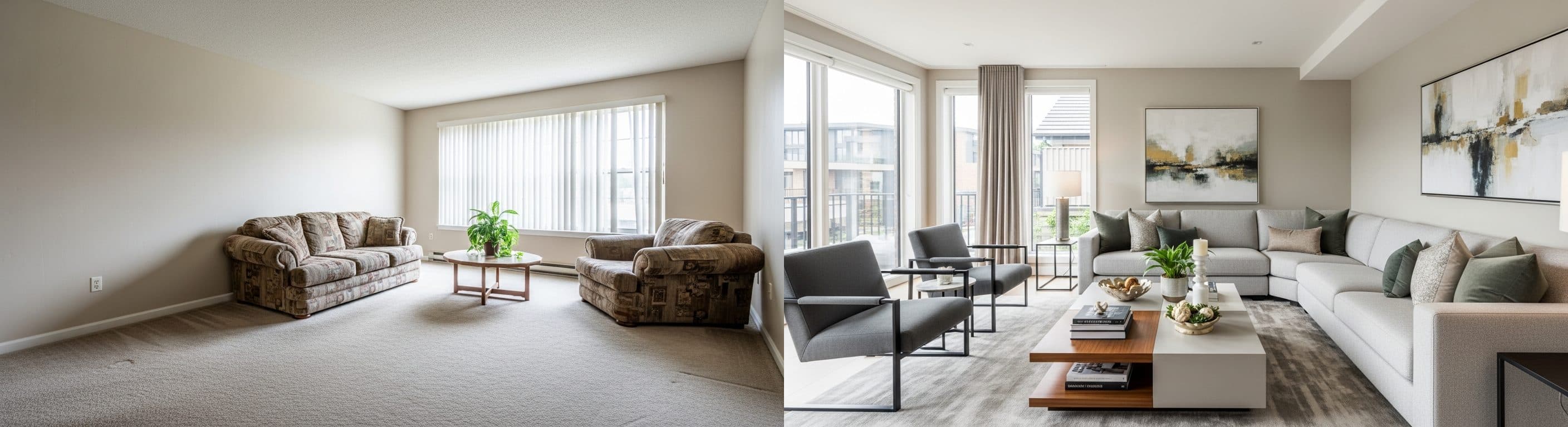 Stue: før vs efter virtuel staging