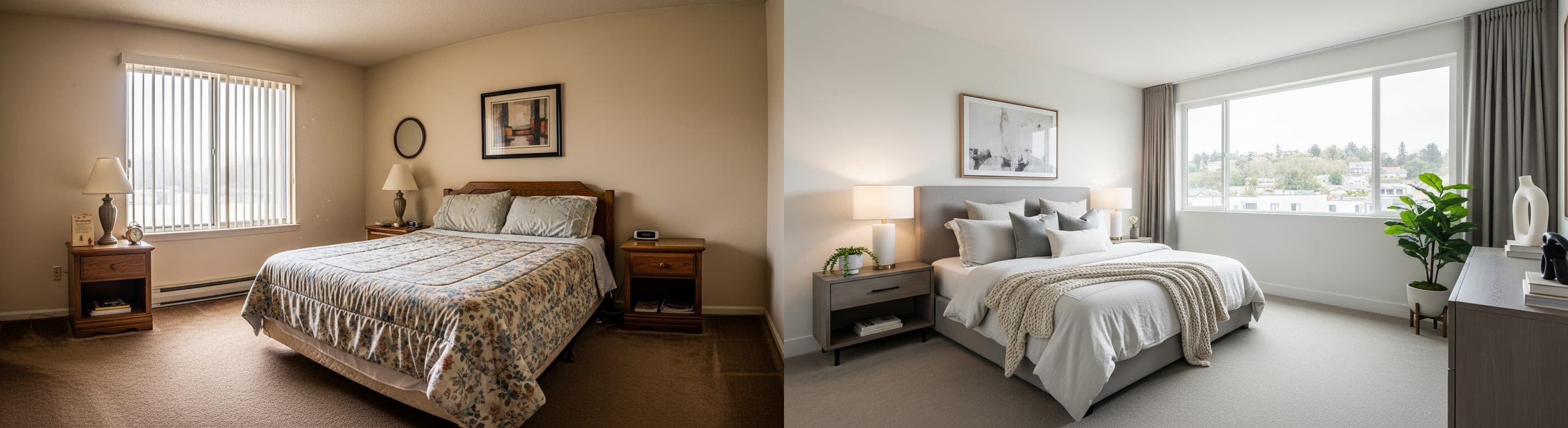 Schlafzimmer: vor vs. nach virtuellem Staging