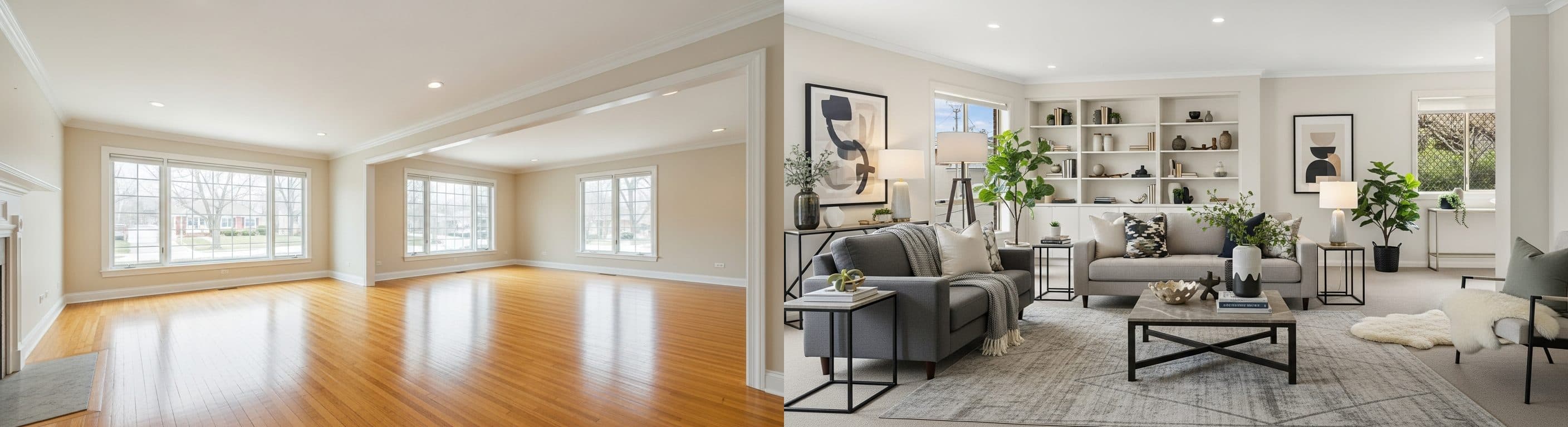 Wohnzimmer: vor vs. nach virtuellem Staging