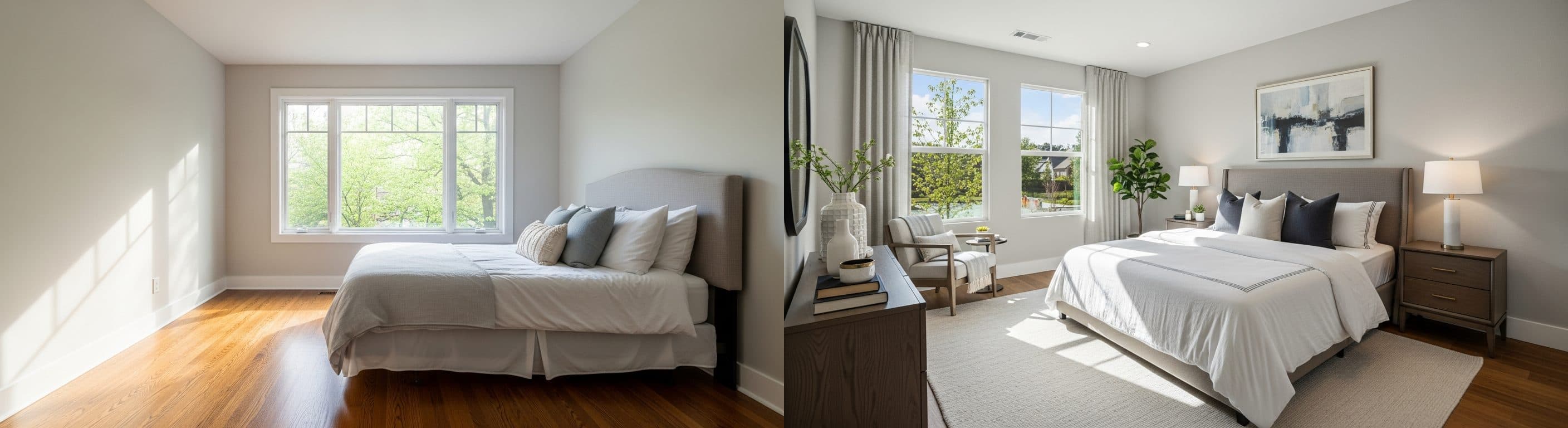 soveværelse: før vs efter virtuel styling