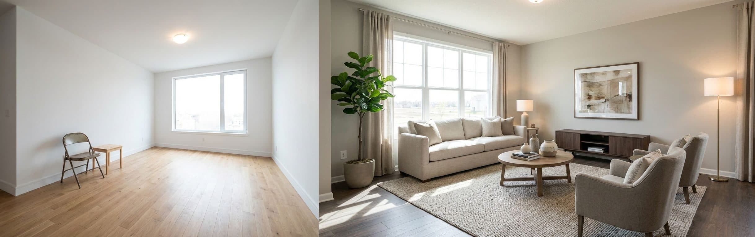Vorher-Nachher-Vergleich eines Wohnzimmers: Links ein unaufgeräumter Raum mit schlechter Beleuchtung, rechts der gleiche Raum nach virtuellem Home Staging, hell und einladend.