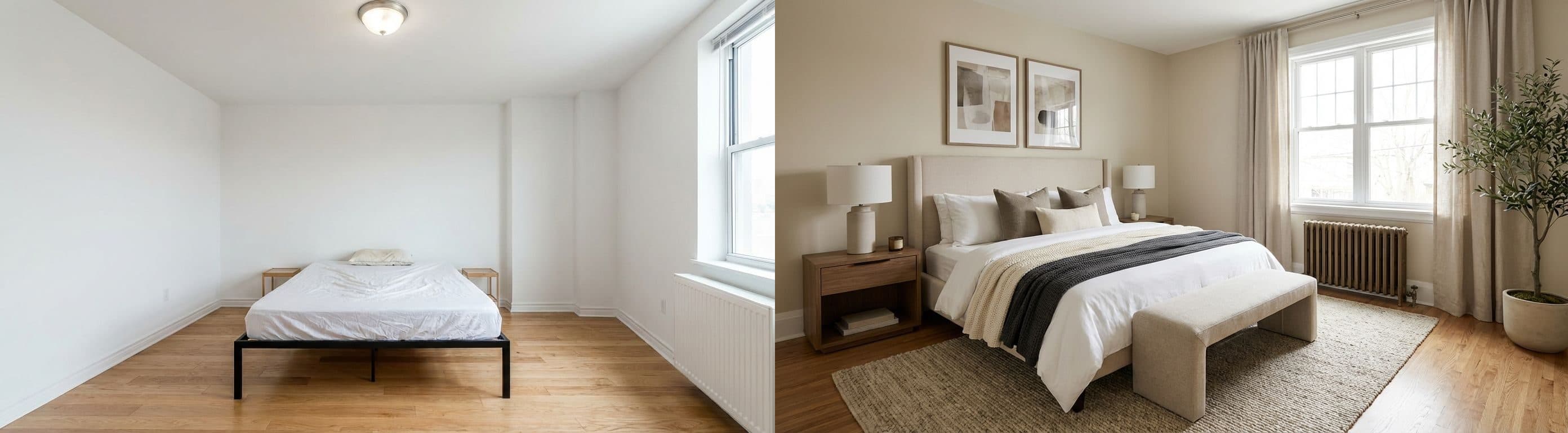 Vorher-Nachher-Vergleich eines Hauptschlafzimmers: Links ein unpersönlicher Raum mit unaufgeräumtem Bett, rechts der gleiche Raum nach virtuellem Home Staging, mit ordentlicher Bettwäsche und harmonischer Dekoration.