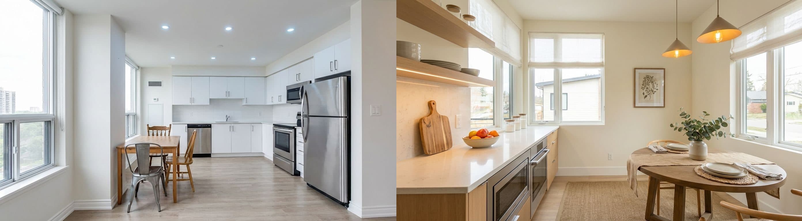 Vorher-Nachher-Vergleich einer Küche mit Essbereich: Links eine unaufgeräumte Küche mit dunkler Beleuchtung, rechts der gleiche Bereich nach virtuellem Home Staging, hell, sauber und einladend mit frischer Dekoration.