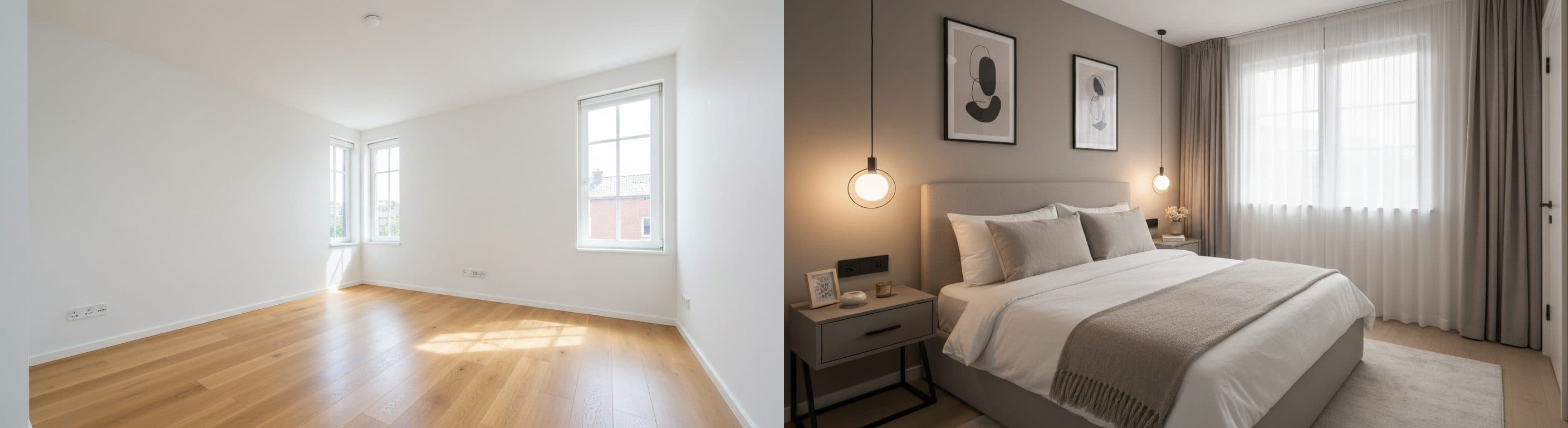 soveværelse: før vs. efter virtuel staging