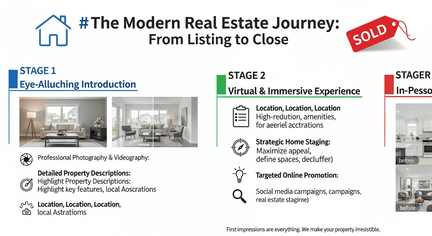 Illustration af et 3-trins home staging opfølgningssystem, der viser potentielle købere, der bliver til faktiske købere med virtuelle staging-elementer