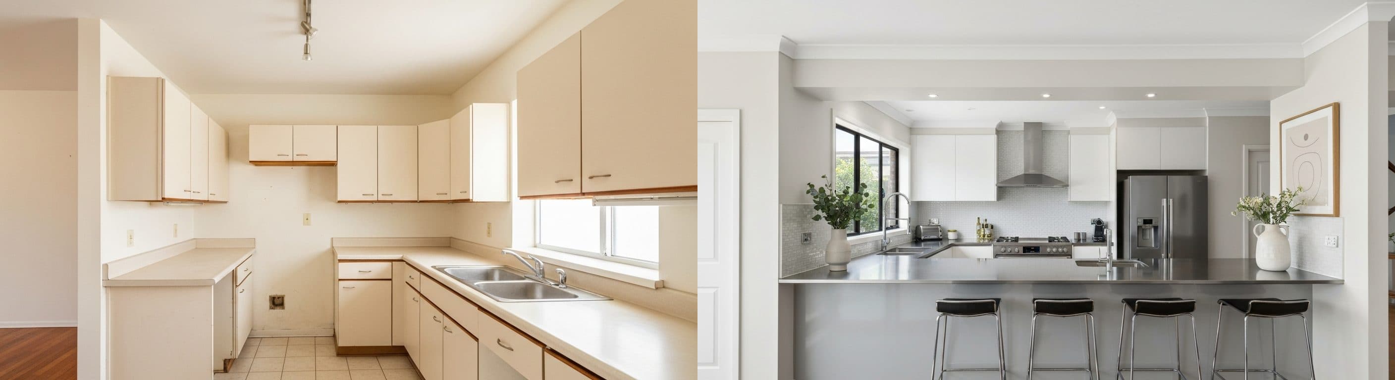 Küche: vor vs. nach virtuellem Staging