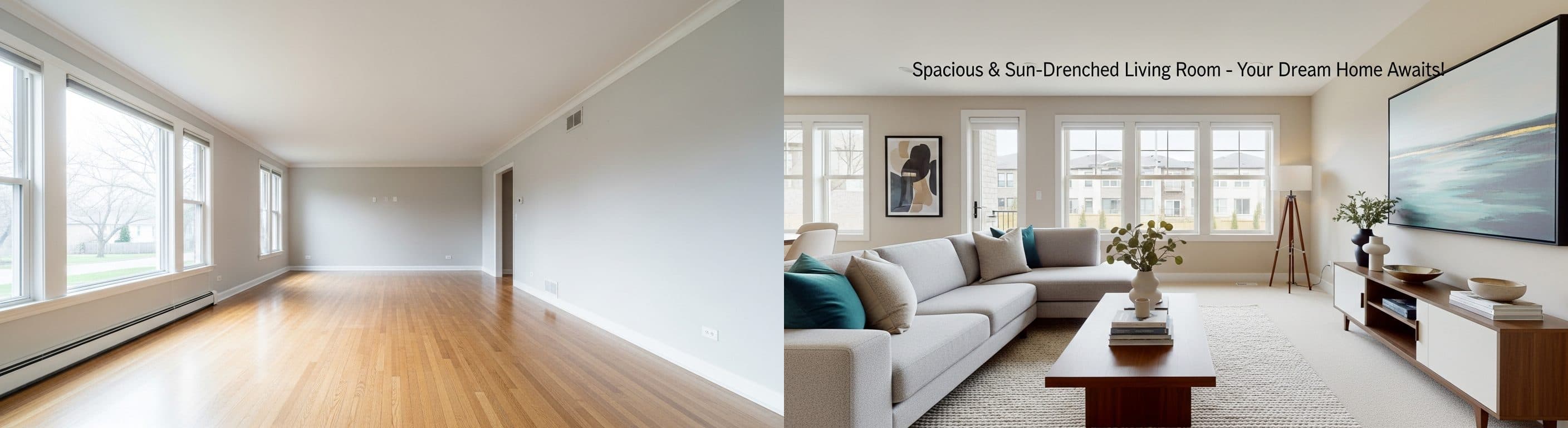 Woonkamer: voor vs na virtuele vastgoedstyling