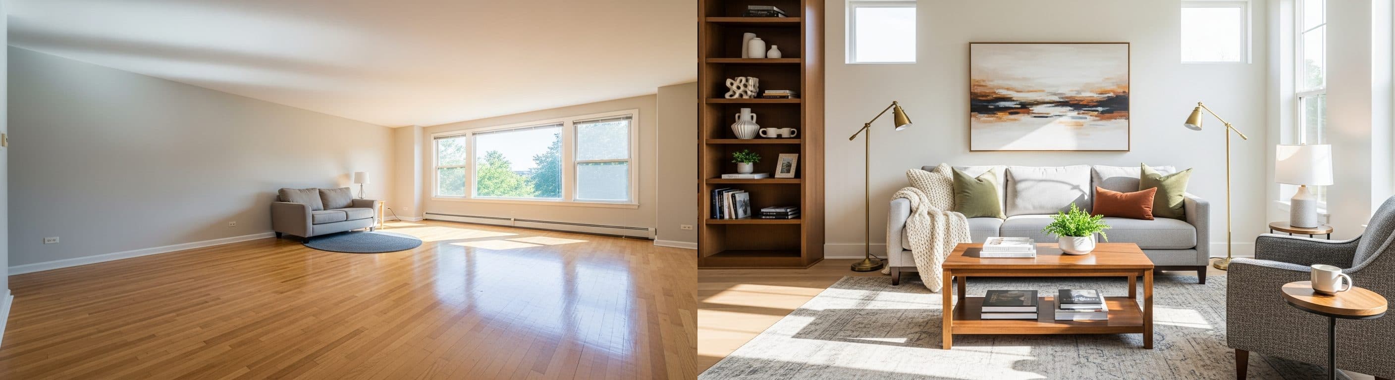 Wohnzimmer: vor vs. nach virtuellem Staging