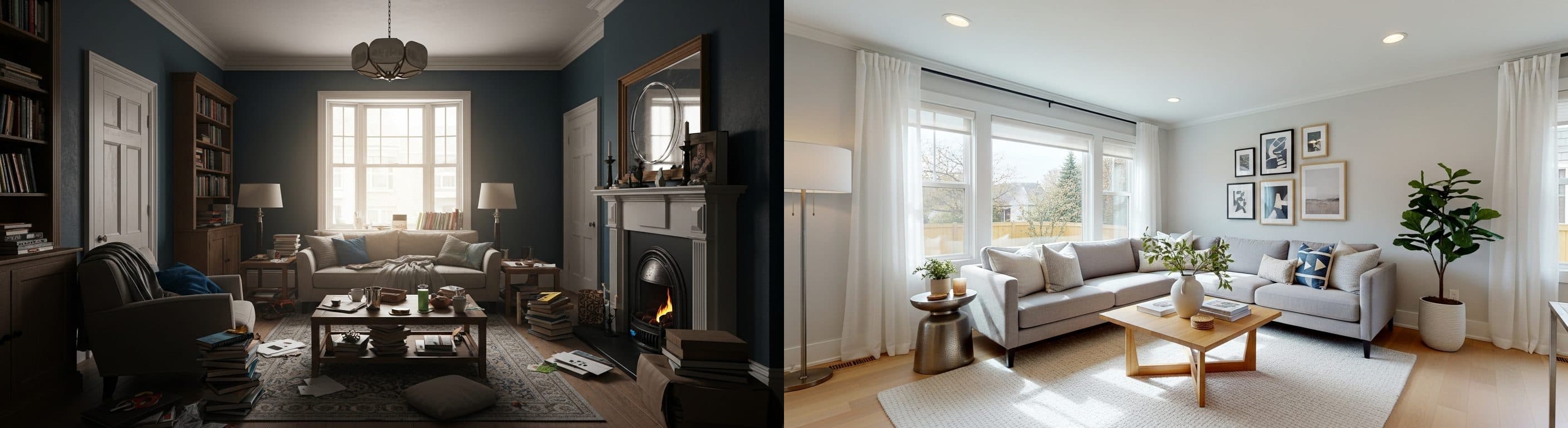 Dhomë Ndenjeje e Errët dhe e Çrregullt: para vs pas virtual staging