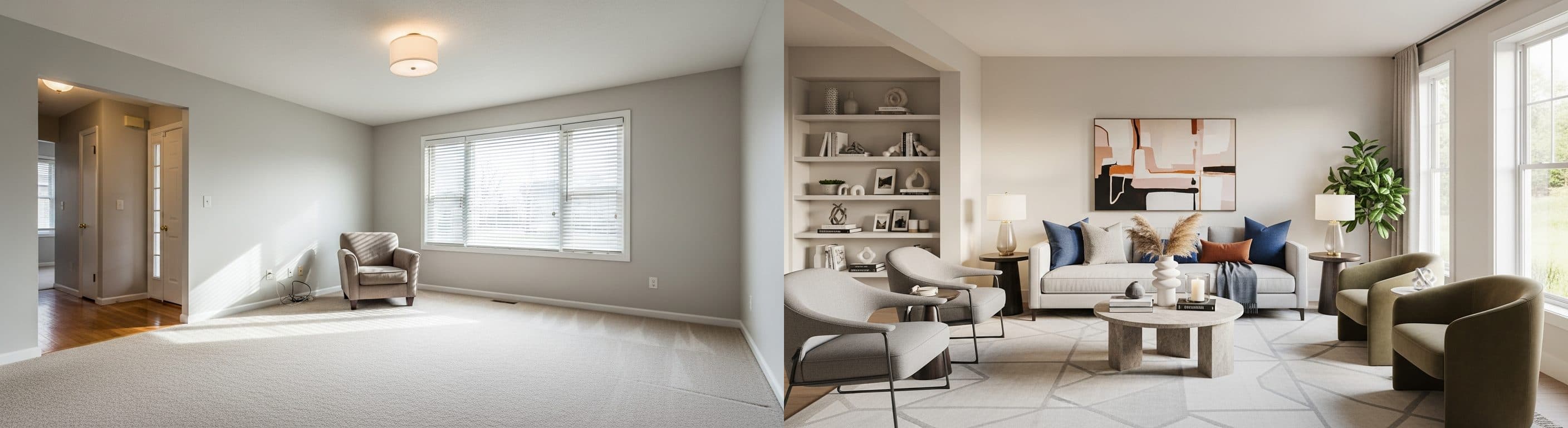Wohnzimmer: vor vs. nach virtuellem Staging