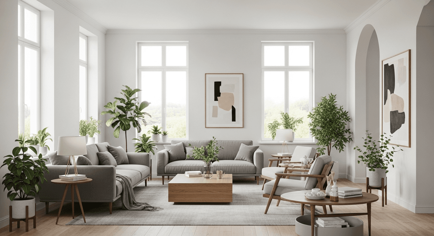 Modernes minimalistisches virtuelles Staging eines Wohnzimmers mit neutralen Tönen und klaren Linien