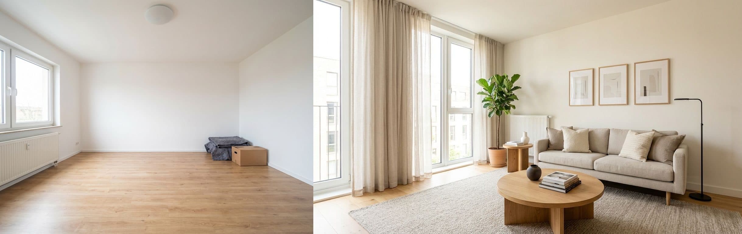 Wohnzimmer: vorher vs. nachher (virtuelles Staging)