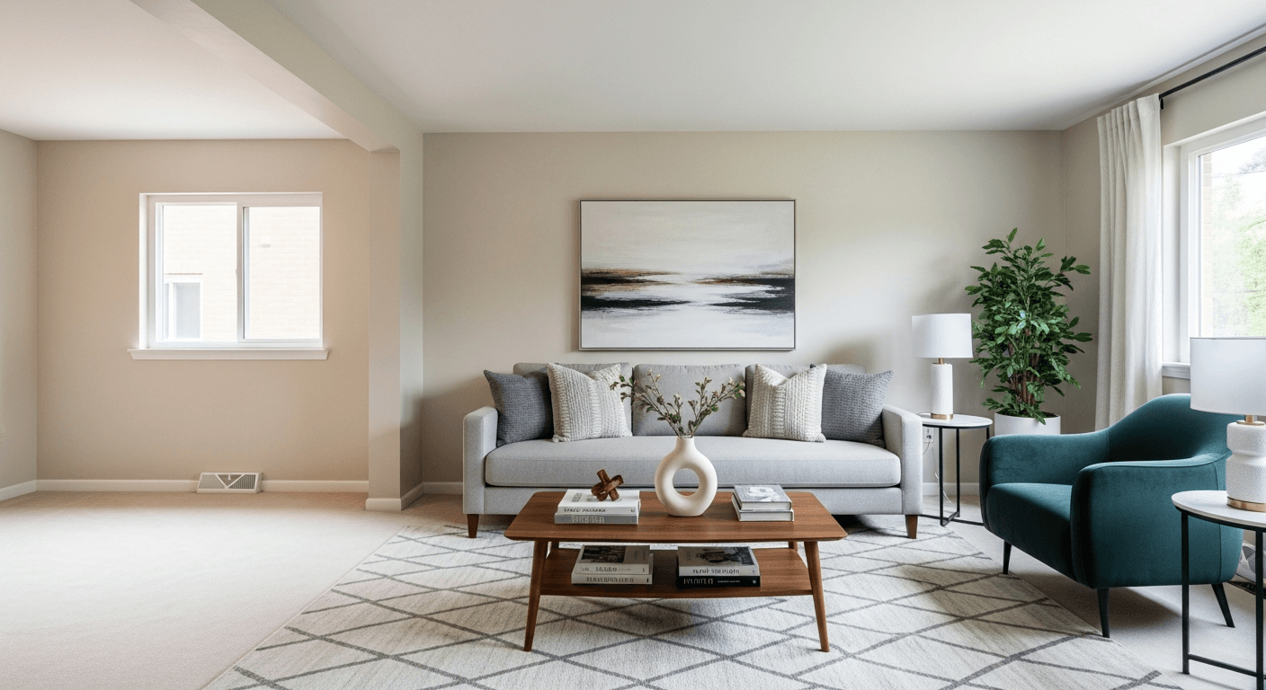 Sala de Estar: antes vs depois do staging virtual