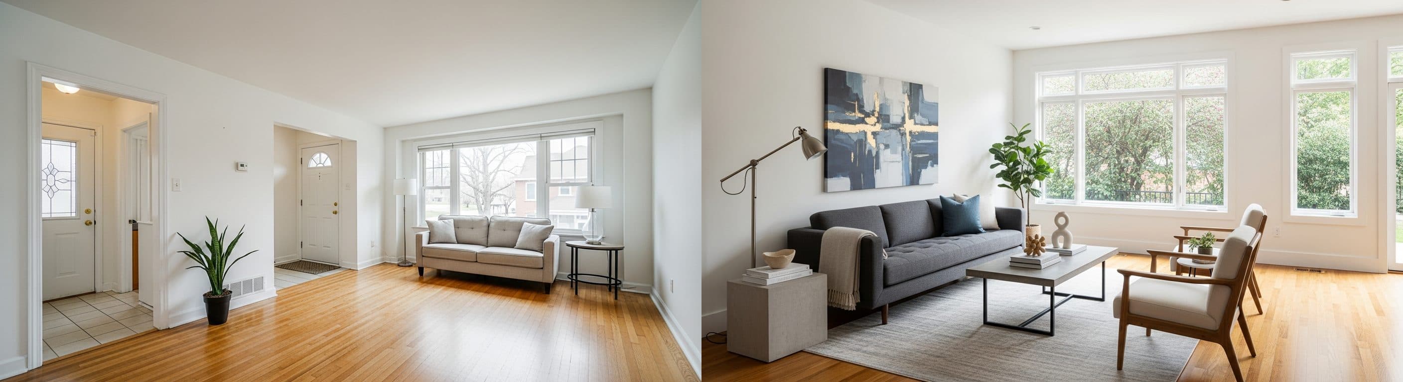 Wohnzimmer: vor vs. nach virtuellem Staging