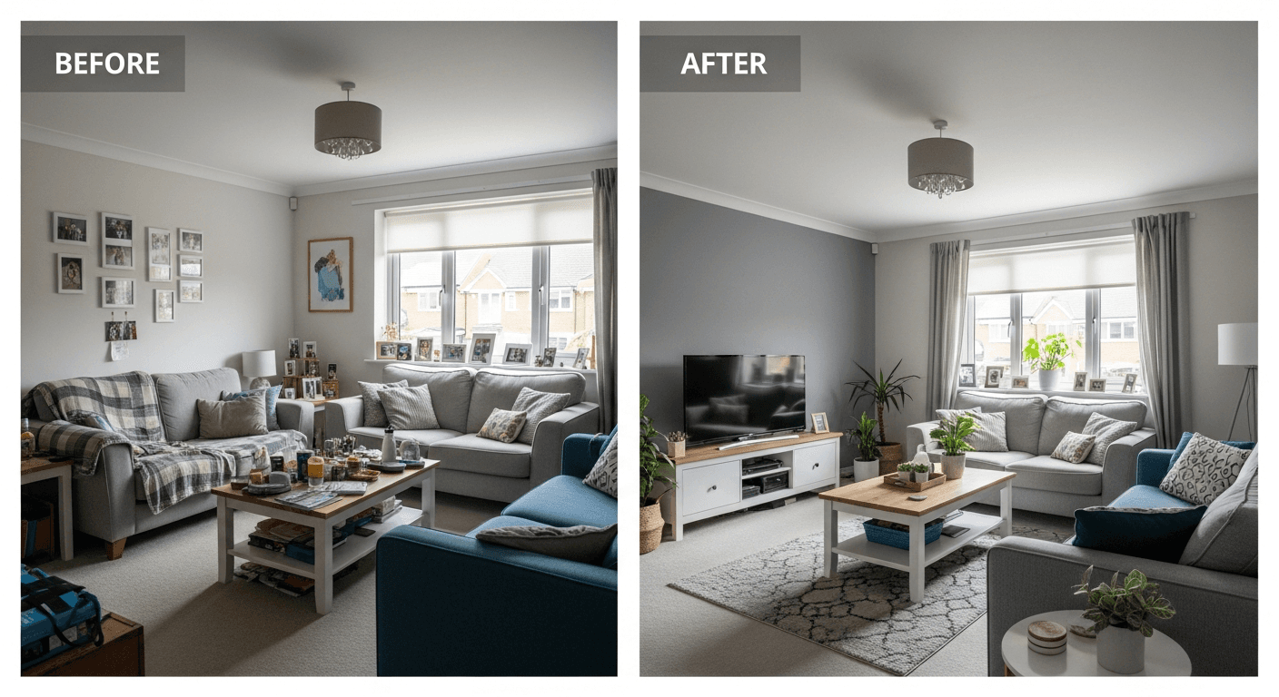 Előtte és utána kép egy felkészített nappaliról, amely bemutatja a gyors lakásfelkészítési tippeket működés közben