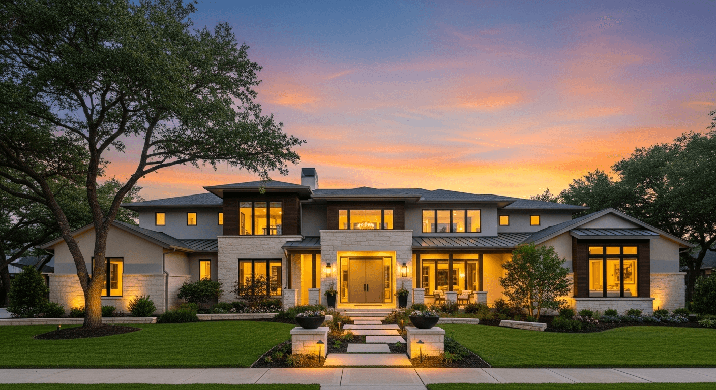 Stunning front exterior photo of a modern home at golden hour, showcasing curb appeal for real estate listings