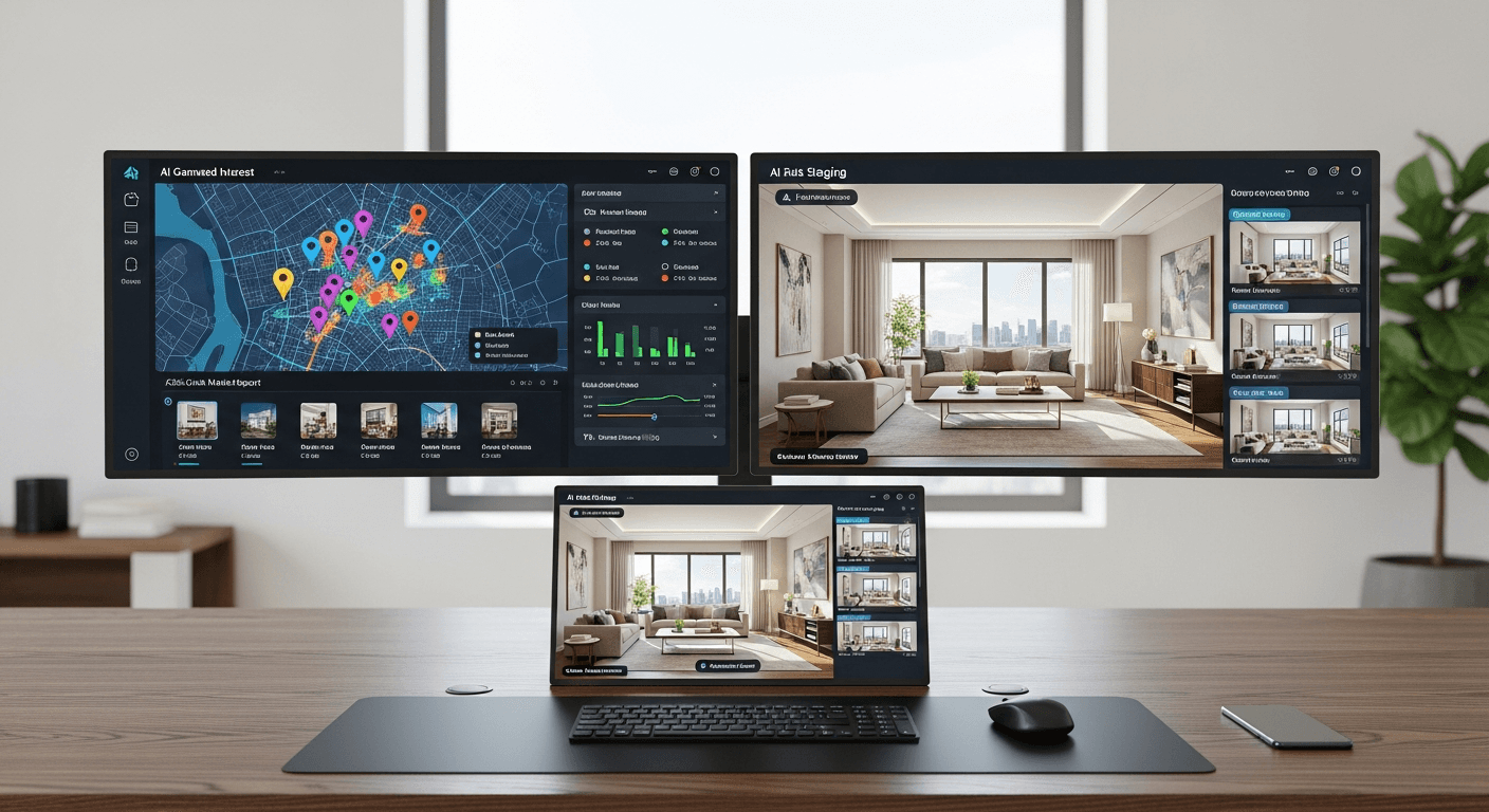 Модерен офис за недвижими имоти с ИИ инструменти на екрани
