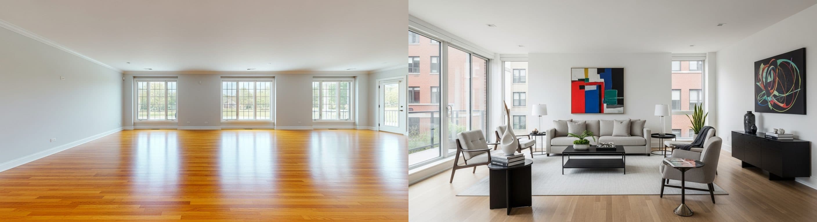 غرفة المعيشة: قبل وبعد التجهيز الافتراضي