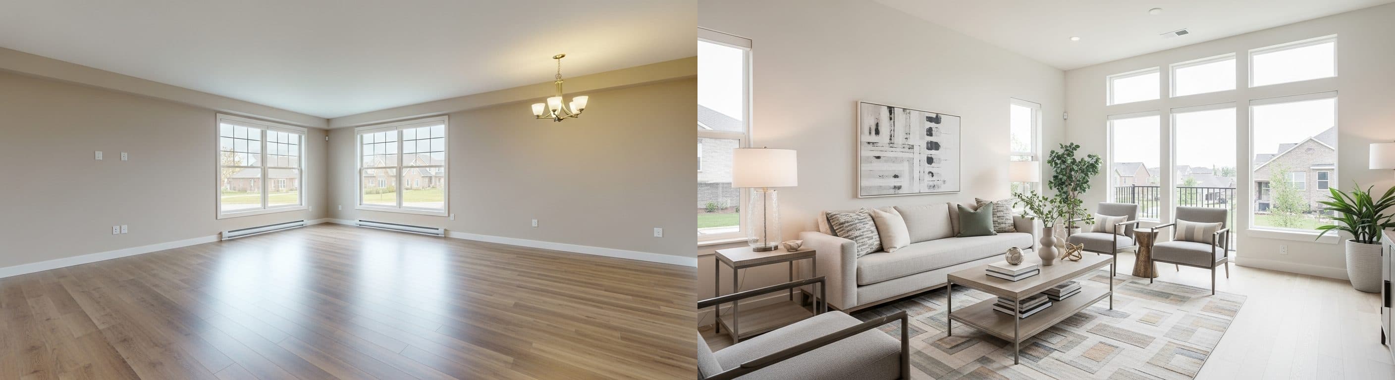 غرفة المعيشة: قبل مقابل بعد التصميم الافتراضي