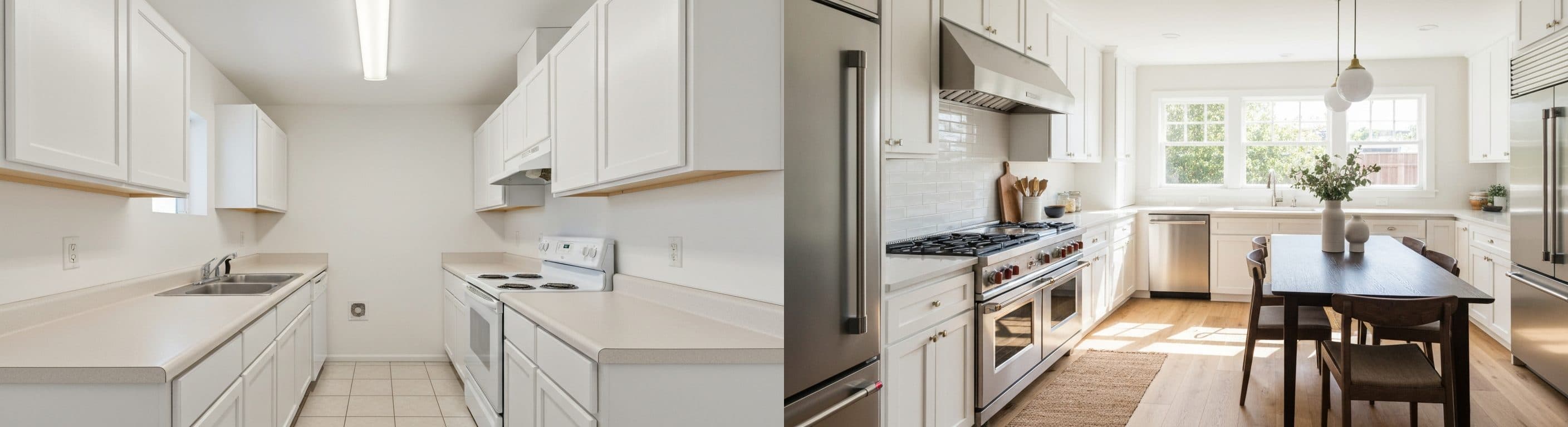 المطبخ: قبل مقابل بعد التصميم الافتراضي