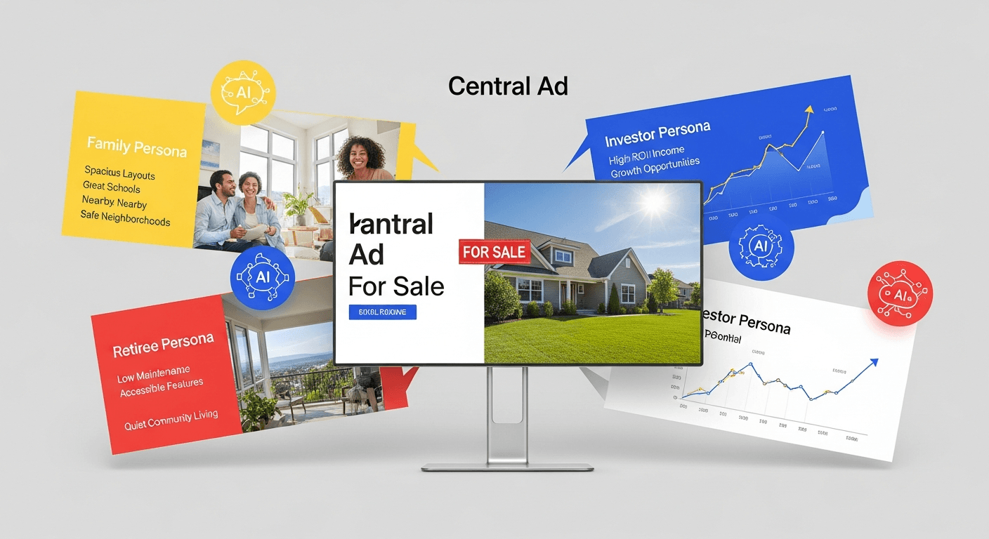 رسم توضيحي لإعلان عقاري واحد يتكيف ديناميكيًا مع خمس شخصيات مشترين مختلفة باستخدام تقنية الذكاء الاصطناعي