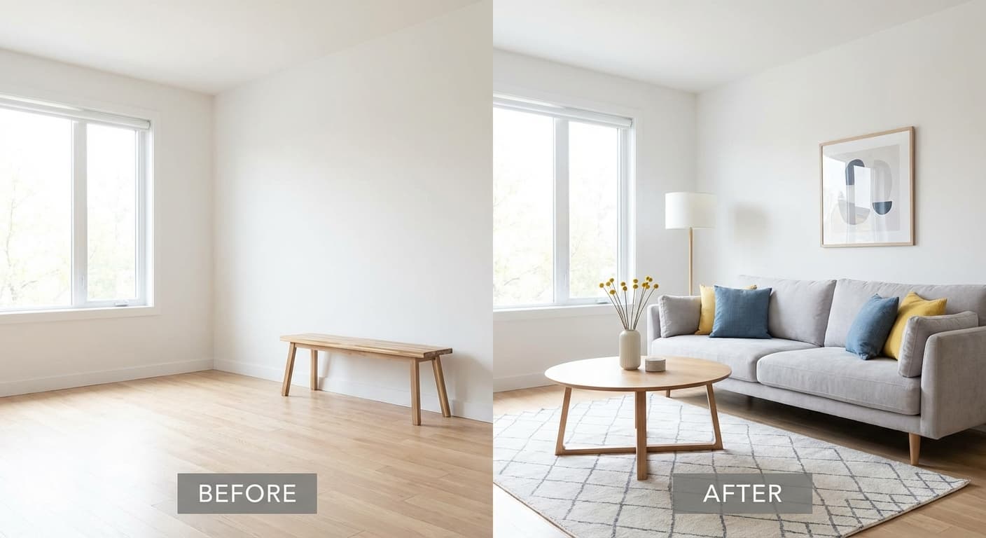 AI virtual staging example showing a living room before and after digital furniture placement for a real estate listing