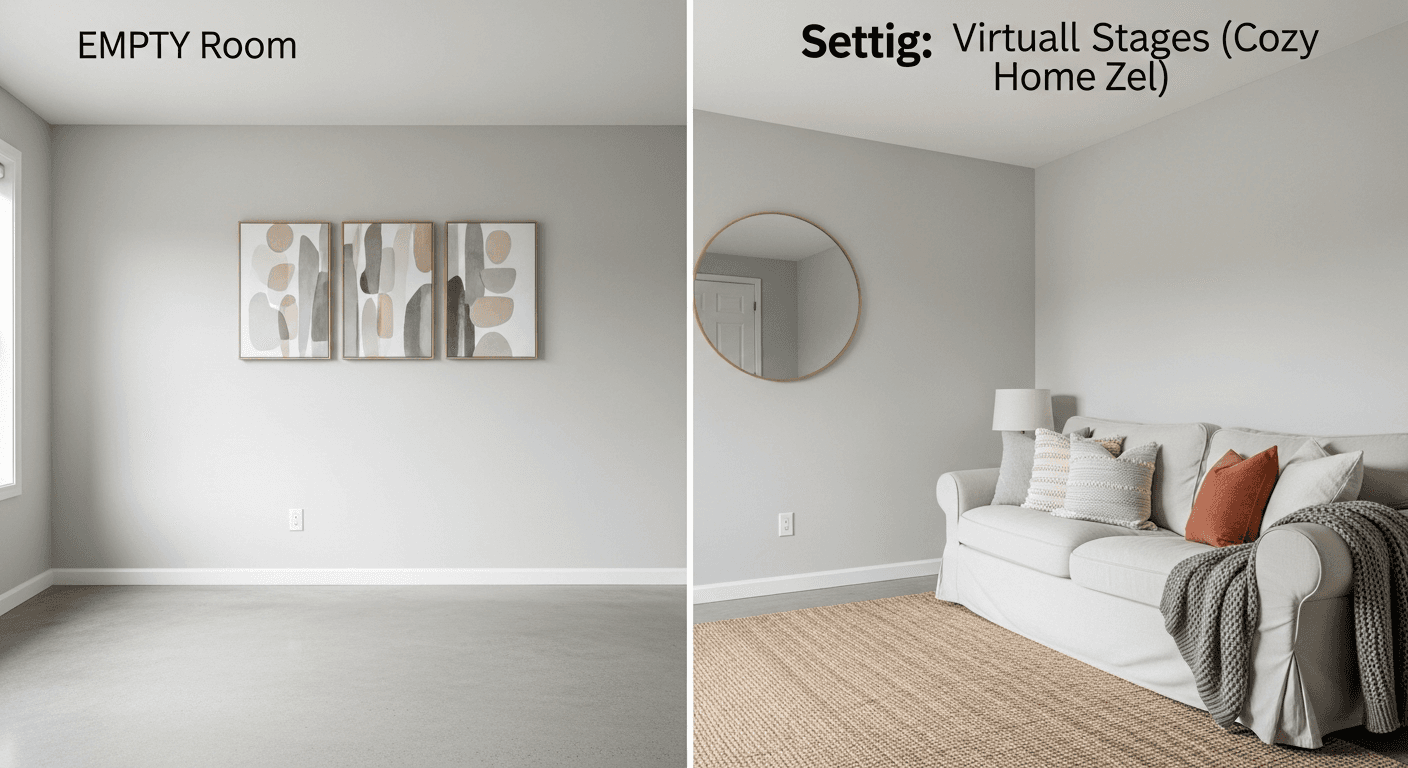 Snímek prázdné místnosti před a po transformaci pomocí AI virtuálního stagingu