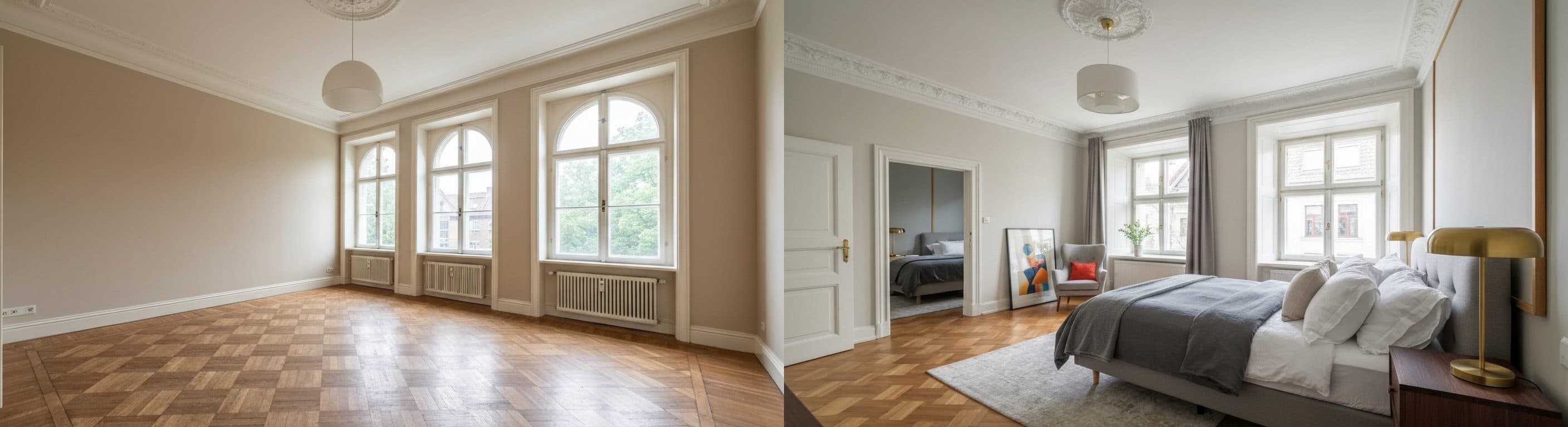 Sovrum: före vs efter virtuell styling