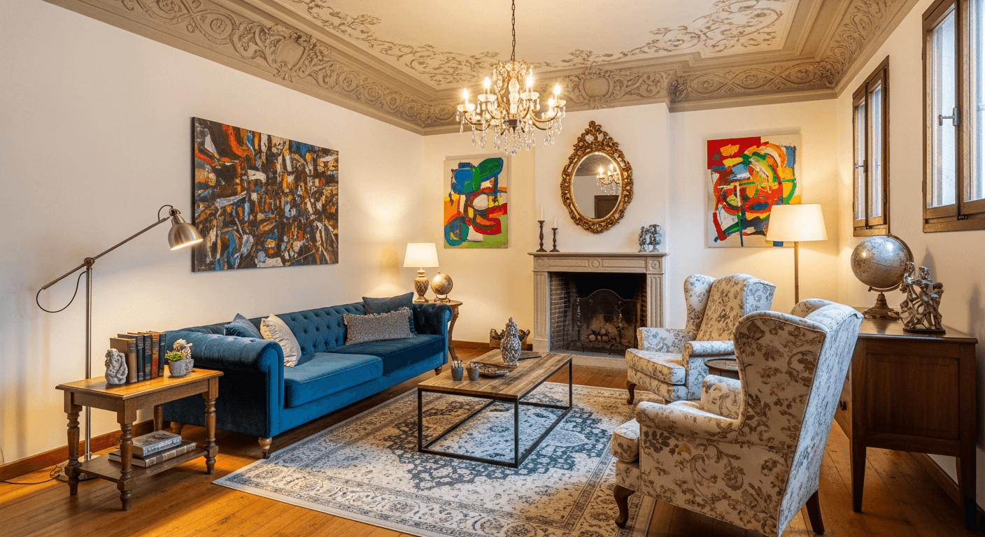 Altbau-vardagsrum med betonad charm genom styling