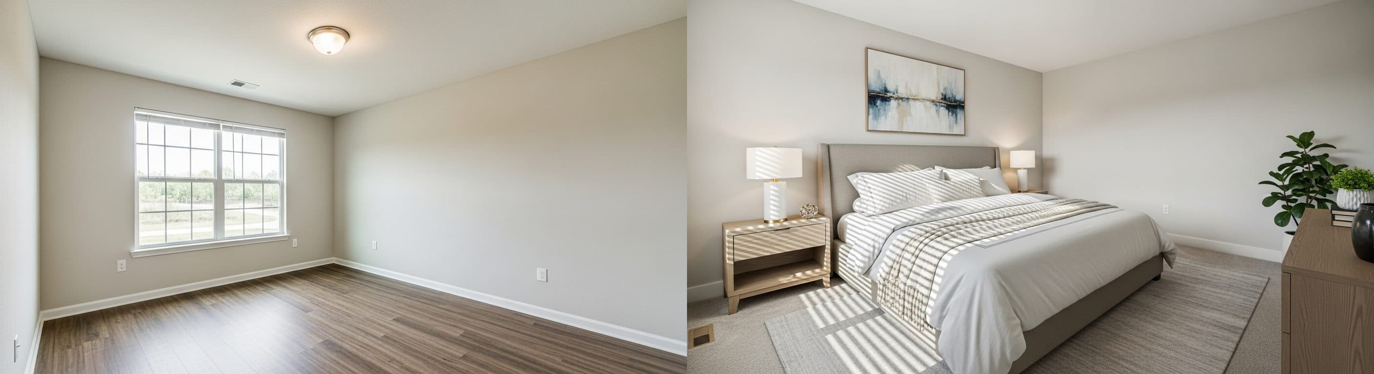 Chambre principale (photo lifestyle apaisante) : avant vs après virtual staging
