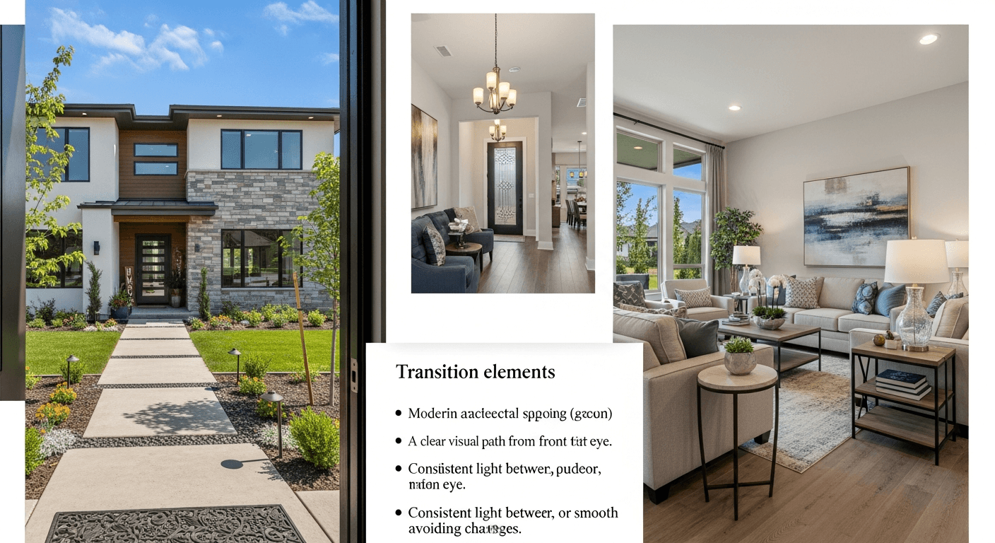 Et vakkert sekvensert eiendomsoppføringsbilde som viser en eksteriør boligutsikt som fører inn i interiørområder