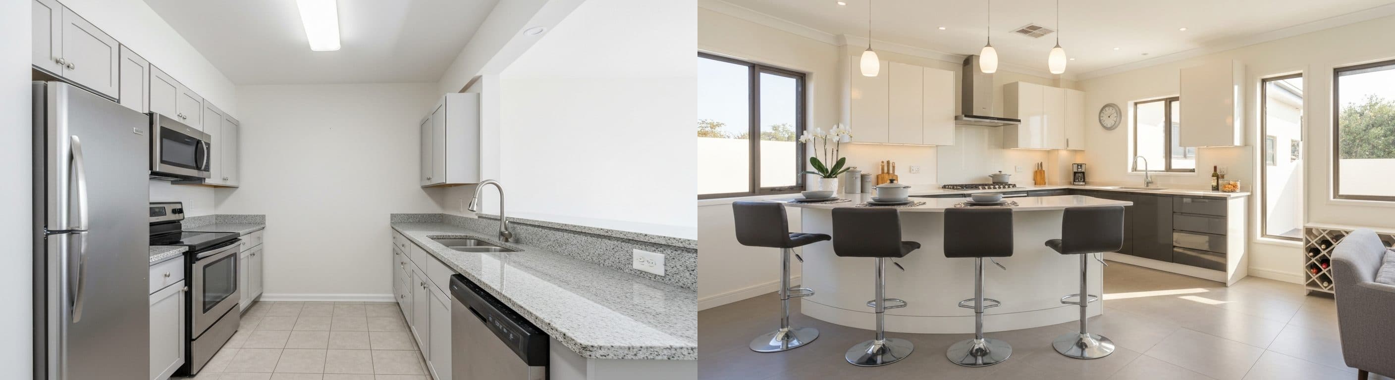 кухня: преди срещу след виртуален стайлинг