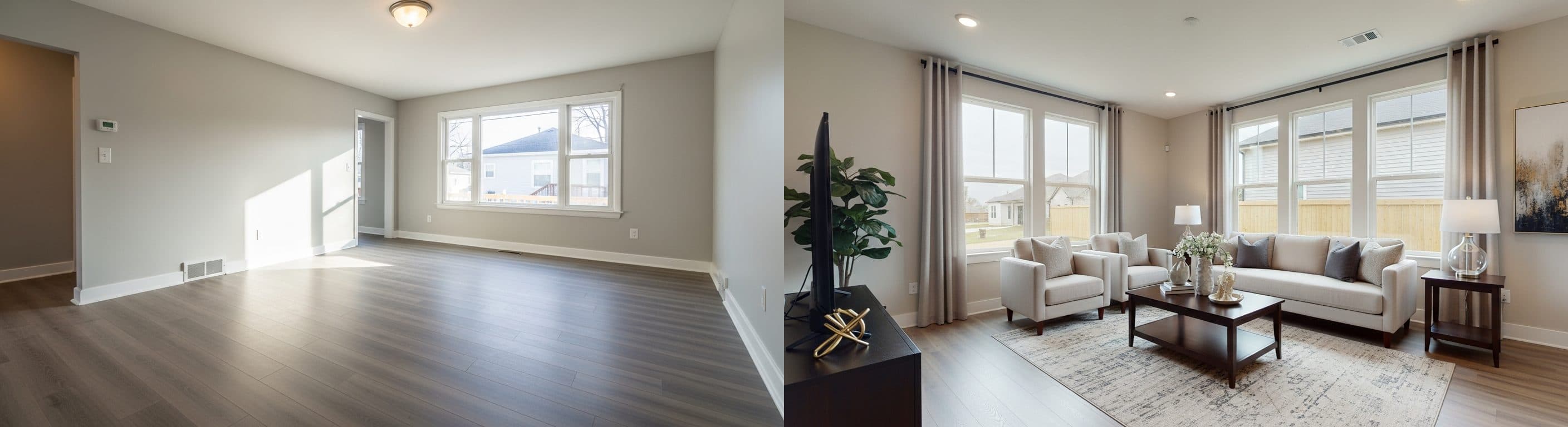 غرفة المعيشة: قبل مقابل بعد التجهيز الافتراضي