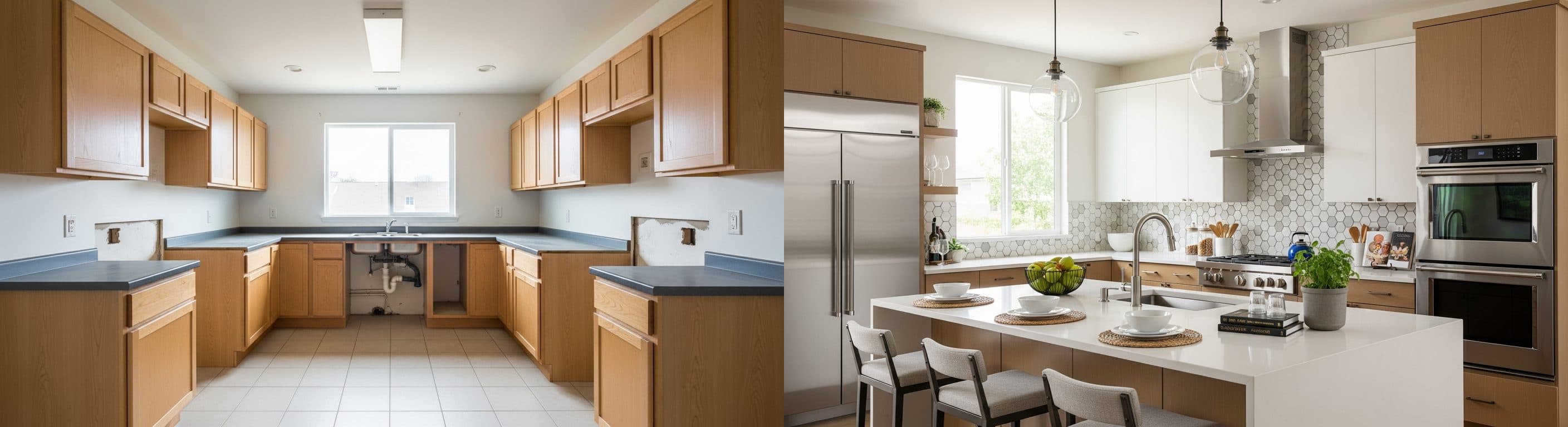 المطبخ: قبل مقابل بعد التجهيز الافتراضي