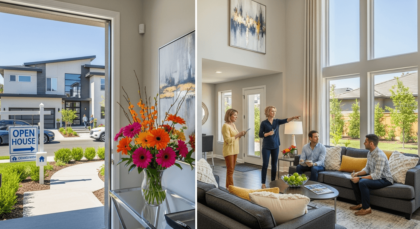 رسم توضيحي لحدث بيت مفتوح صاخب مع العديد من المشترين يتجولون في منزل منسق، مما يبرز الإلحاح والمنافسة.