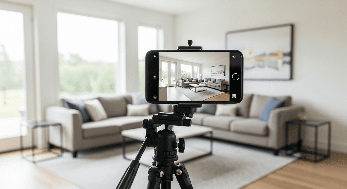 Smartphone som fotograferar ett välbelyst vardagsrum för fastighetsannons