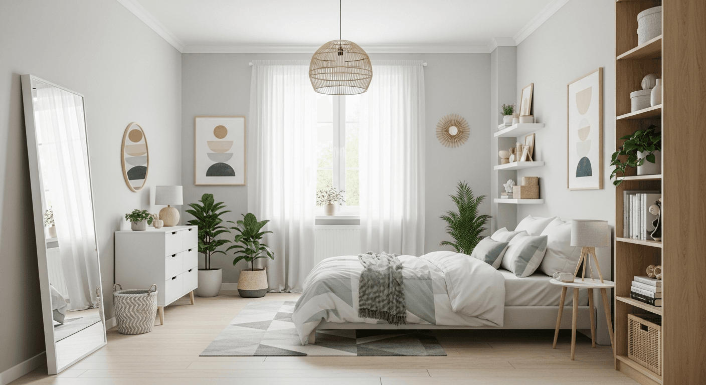 Staging dětského pokoje působící prostorně a klidně s neutrálními barvami a multifunkčním nábytkem