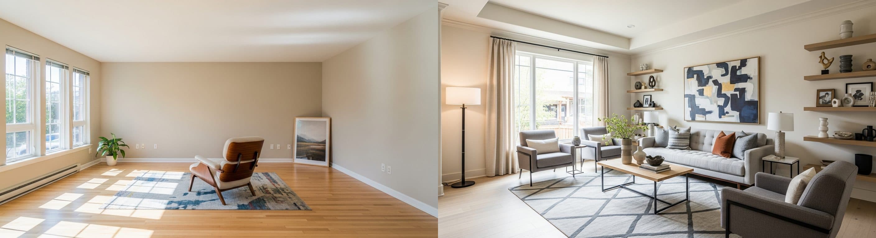 dnevni boravak: prije vs poslije virtualnog uređenja