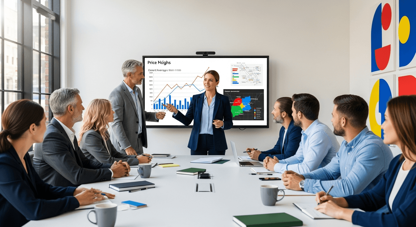 Agent za nekretnine raspravlja o ažuriranjima cijena s klijentima u modernom ambijentu doma