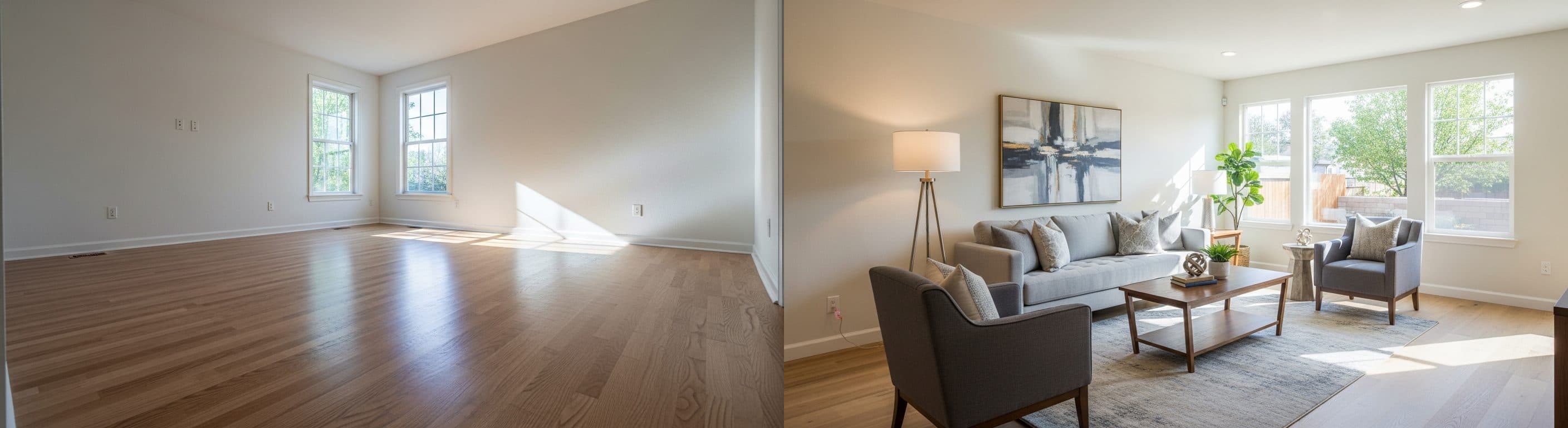 Stue: før vs etter virtuell styling