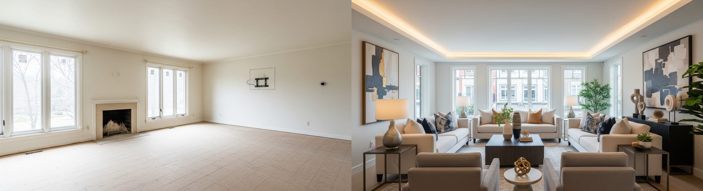 غرفة المعيشة: قبل وبعد التأثيث الافتراضي