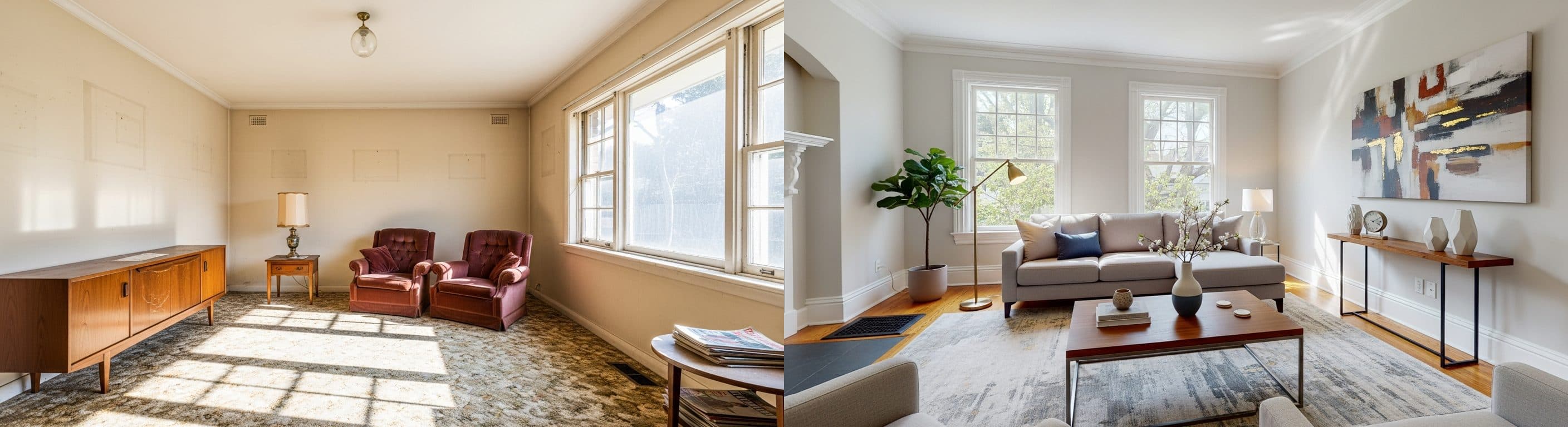 Stue: før vs etter virtuell styling