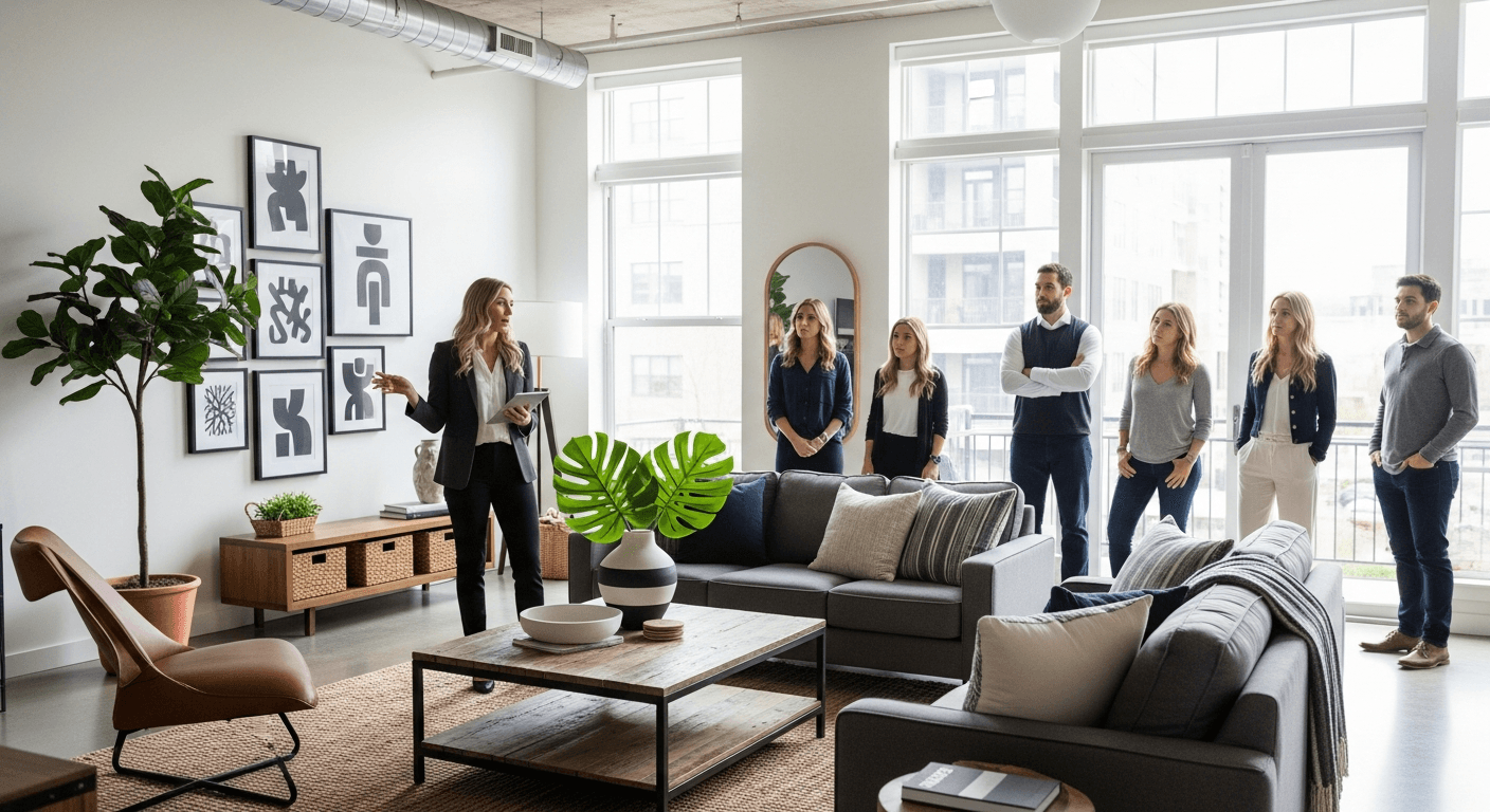 Agent imobiliar discutând proprietatea cu cumpărătorii în timpul unei vizionări, abordând obiecțiile cu calm