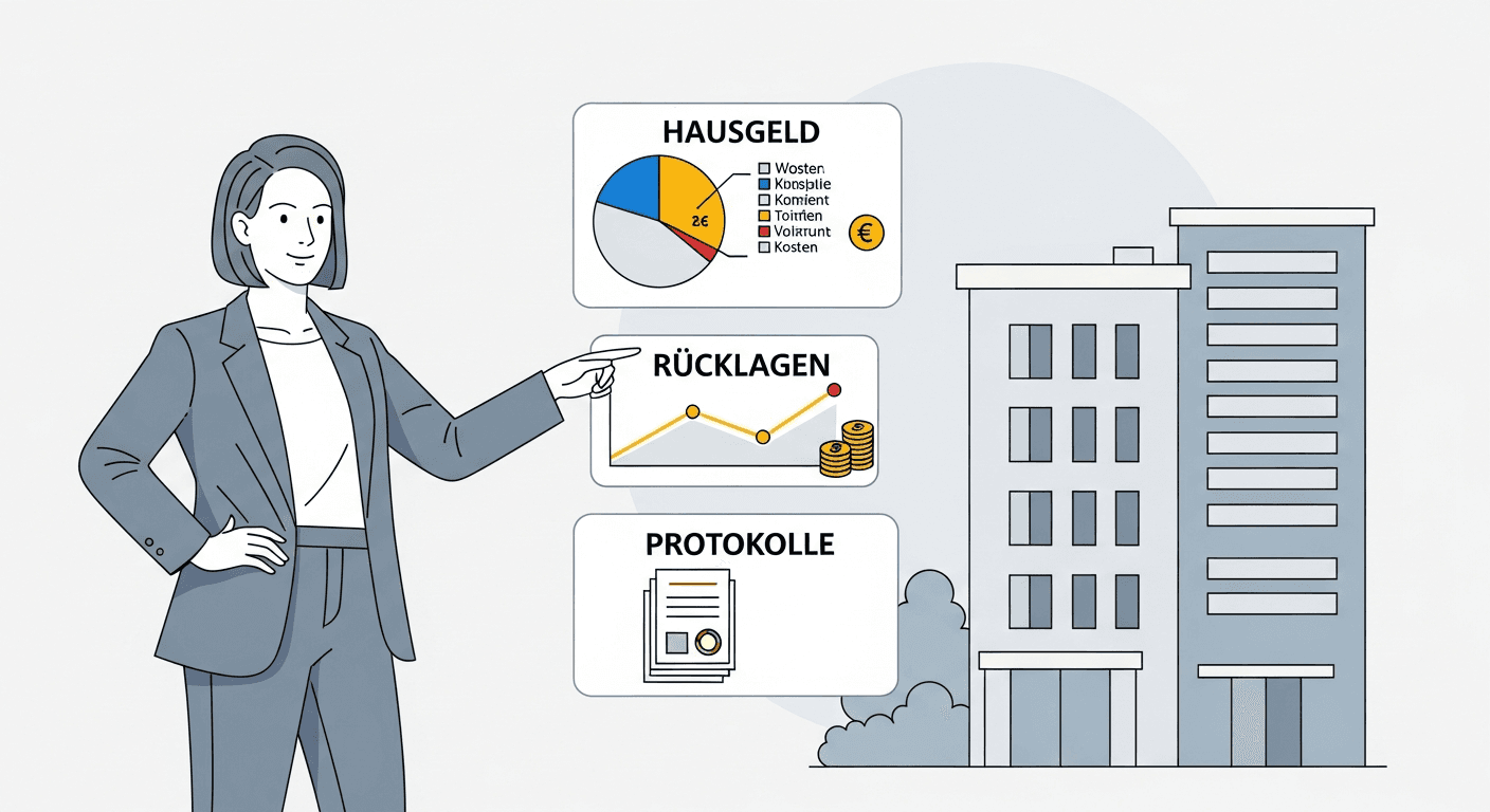 Ilustrácia realitného makléra vysvetľujúceho dokumenty WEG kupujúcemu s grafmi Hausgeld a Rücklagen