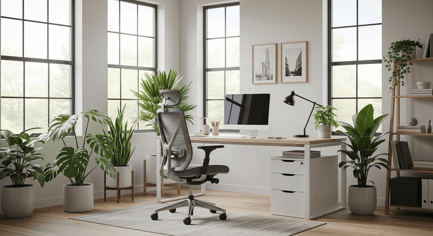 Zyrë shtëpie e përgatitur profesionalisht me tavolinë moderne dhe ndriçim natyral