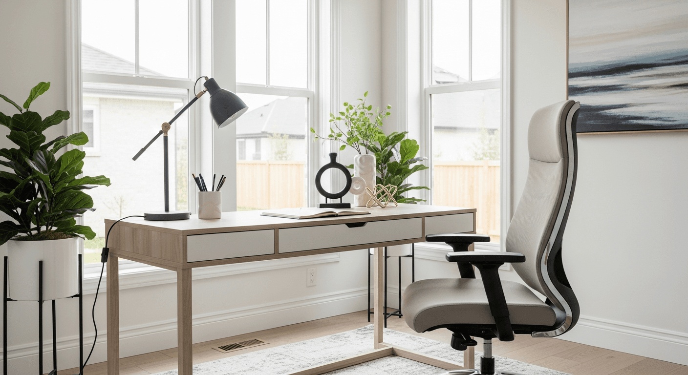 Professionally staged home office with modern furniture and natural light