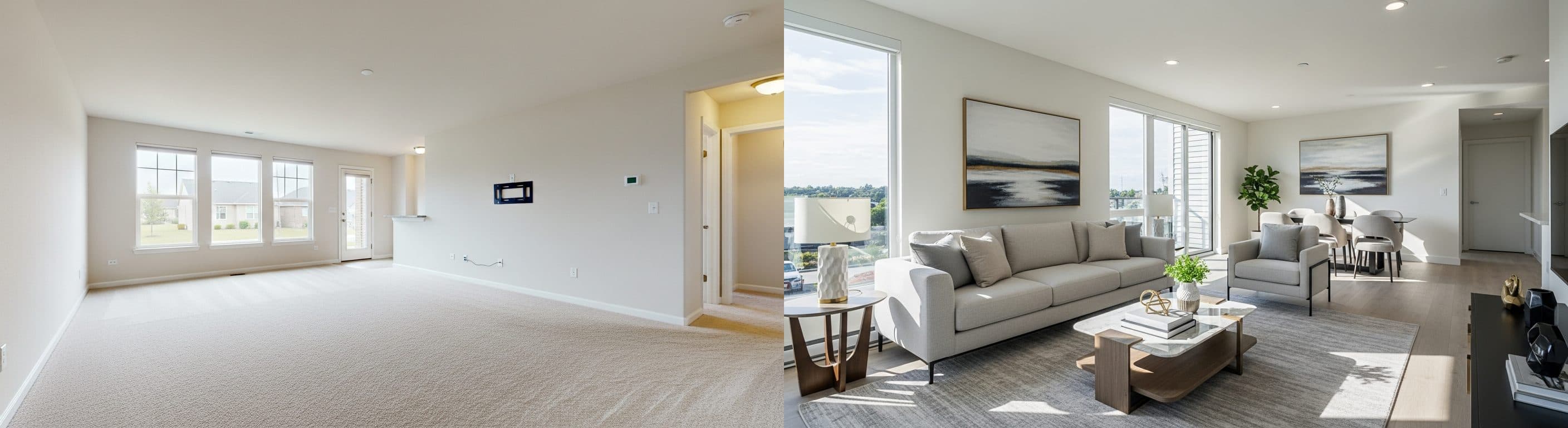 Obývací pokoj: před vs. po virtuálním stagingu