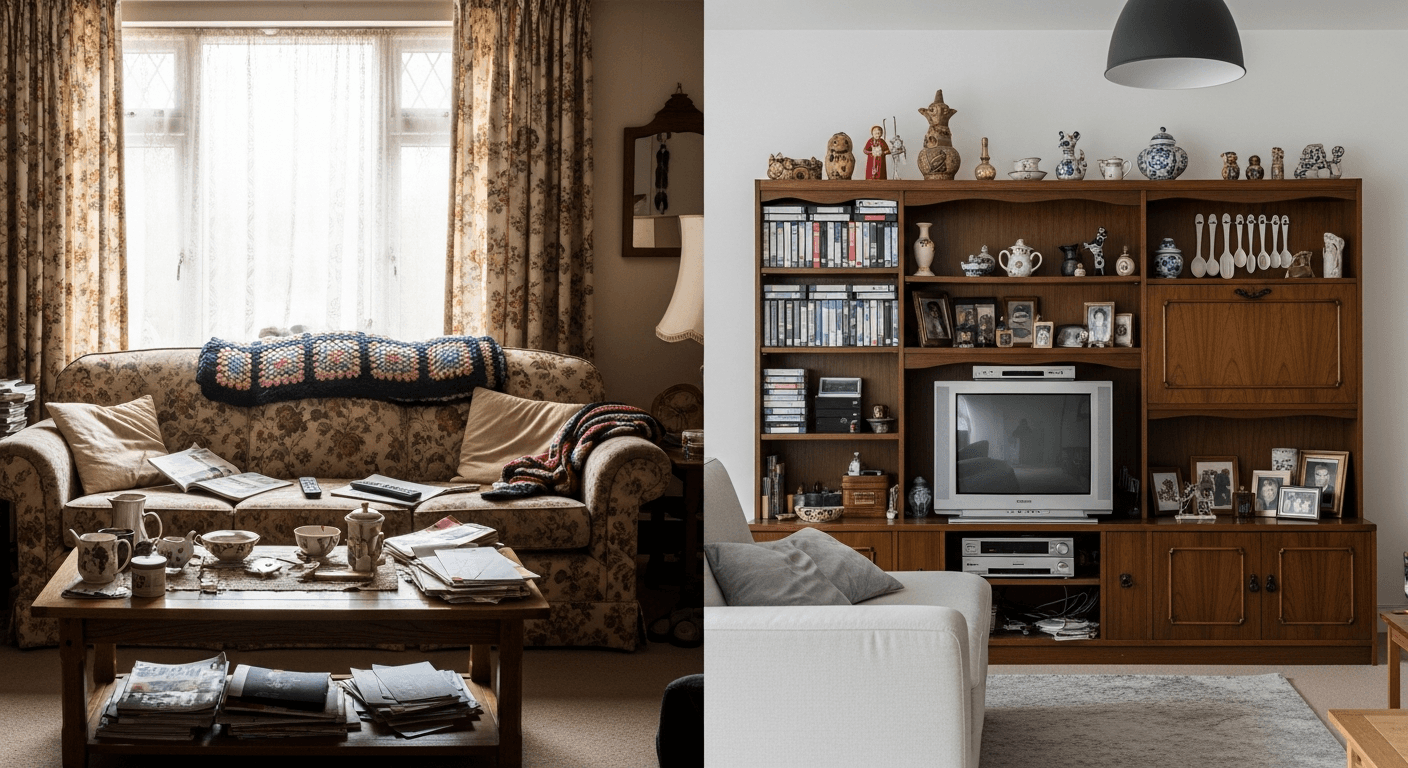 Proměna home stagingu před a po, ukazující přeplněný pokoj proměněný v moderní obývací prostor