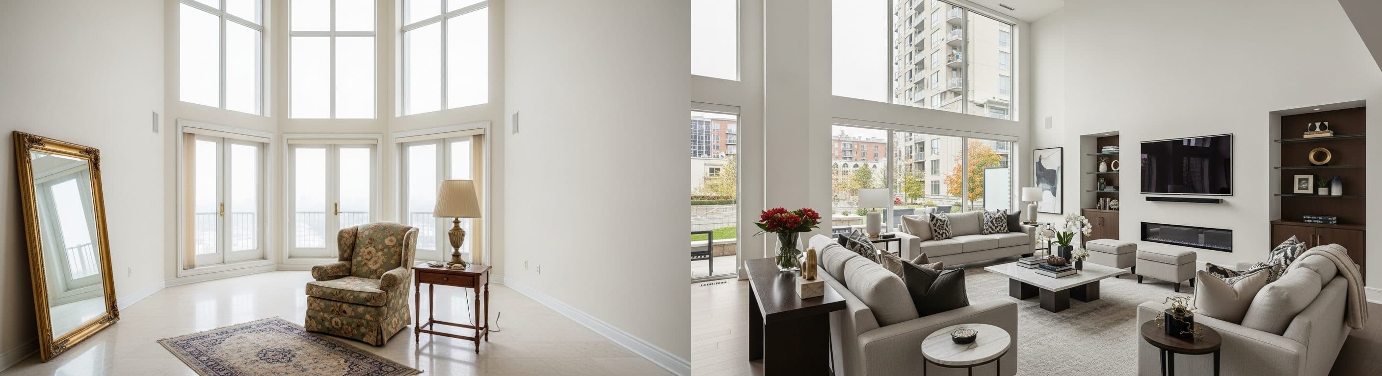 soggiorno di lusso: prima vs dopo il virtual staging